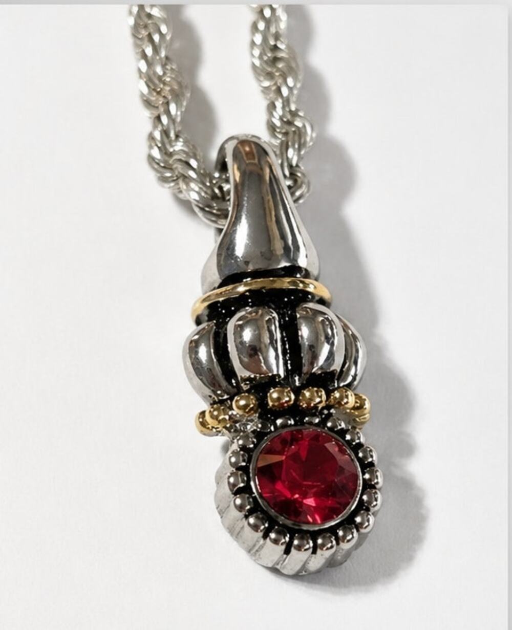 Red‎ Rhinestone Pendant Shiny Rope Chain Necklace 16” Silver-tone rd3-26